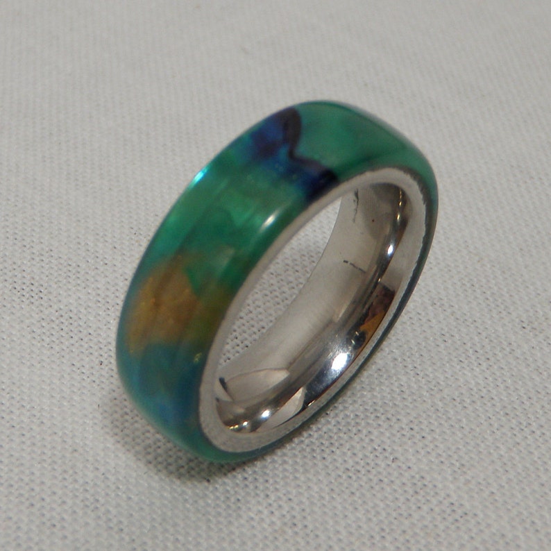 Acrylic Peacock Ring with Stainless Steel Core Size 5