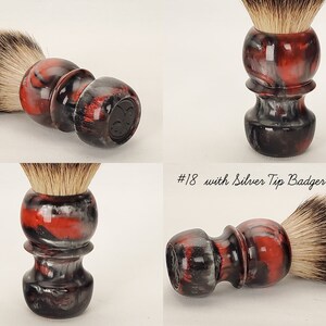 An example of a Diablo Professor hand made shaving brush photographed from multiple angles to show the detail of the form and custom maker coin.