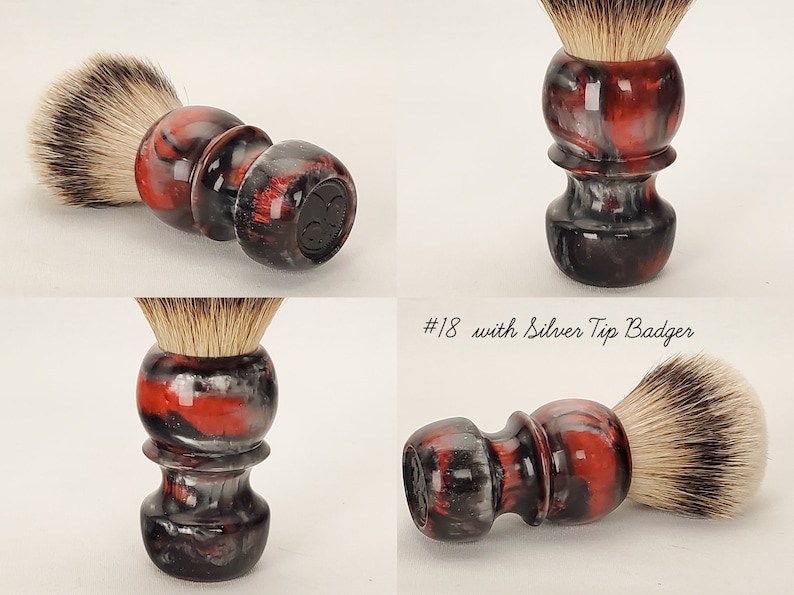 An example of a Diablo Professor hand made shaving brush photographed from multiple angles to show the detail of the form and custom maker coin.