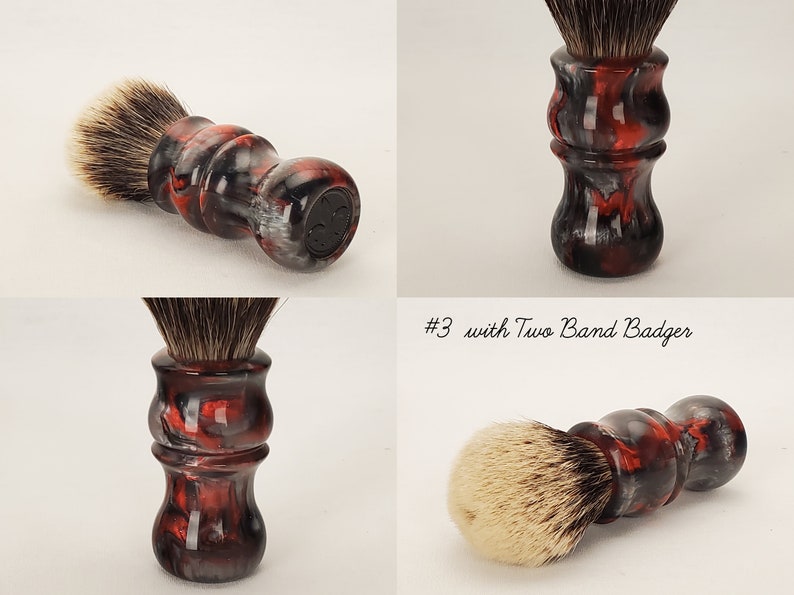 An example of a Diablo King shaving brush photographed from multiple angles to show the detail of the form and the custom artisan coin.