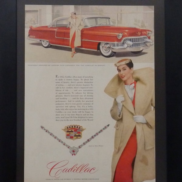 Cadillac 60 Special, Red, 1955, Vintage Car Ad, Women's Fashion, Jaques Fath,  Illustration, Vogue, Wall Decor, Mixed Media