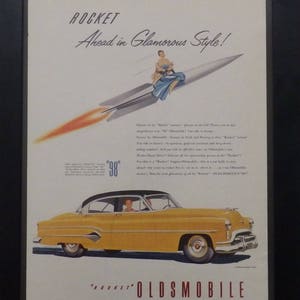 Oldsmobile Rocket 98, Vintage Car Ad, 1951, Classic Cars, Illustration, Man Cave Decor, Garage Decor