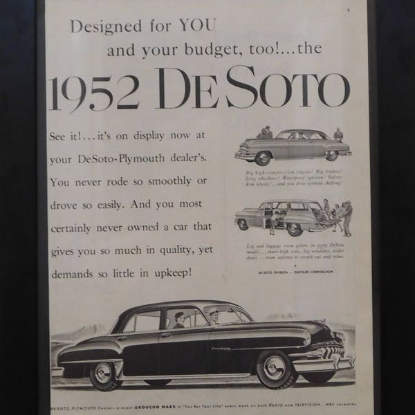 Plymouth DeSoto, Chrysler, 1952 Classic Car Ad , Vintage Ad, 1951, Illustration, Garage Decor, Man Cave Decor