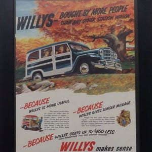 Willy Woodie Station Wagon, Vintage Car Ad, 1951, Illustration, Classic Cars, Man Cave Decor, Garge Decor,