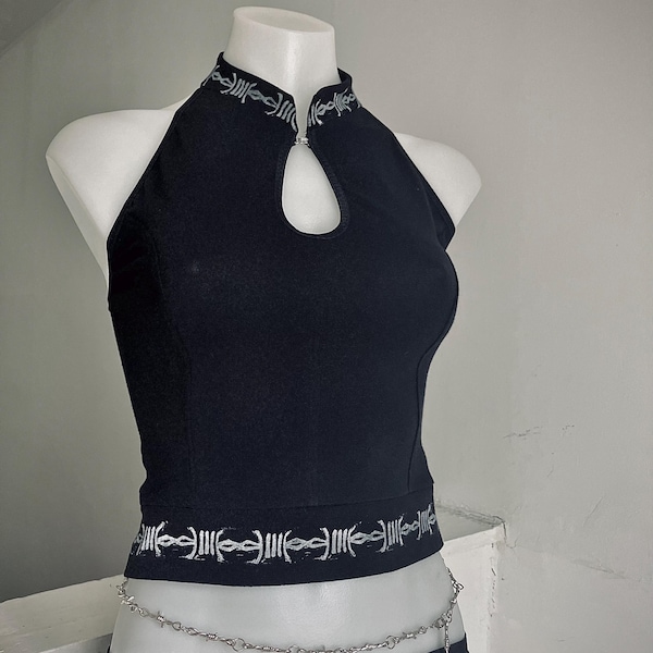 Horror goth halter top, gothabilly, barbed wire tattoo print, halter tank, Y2k cropped top, punk print, grunge, cattle punk,  goth clothing