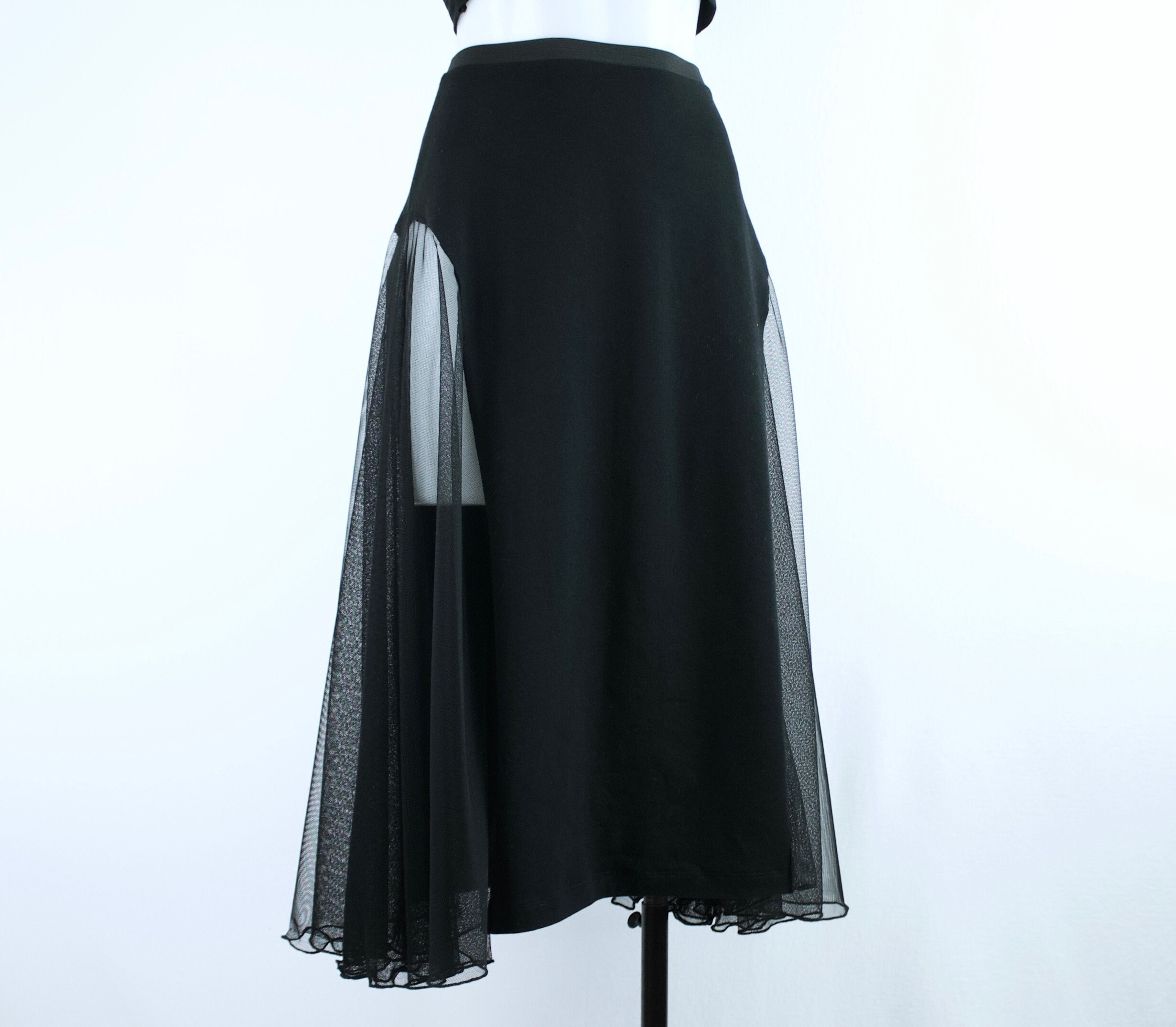 Goth Dark Black Printed Mesh Mid Waisted Maxi Skirt main image 1