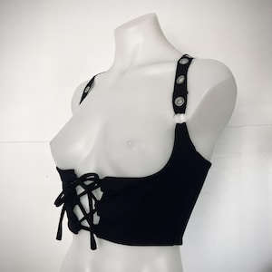 Bandshirt Vest, corp goth, grunge underbust grommet vest, renaissance cosplay, office goth, black work top, metal, tshirt belt, cyber punk