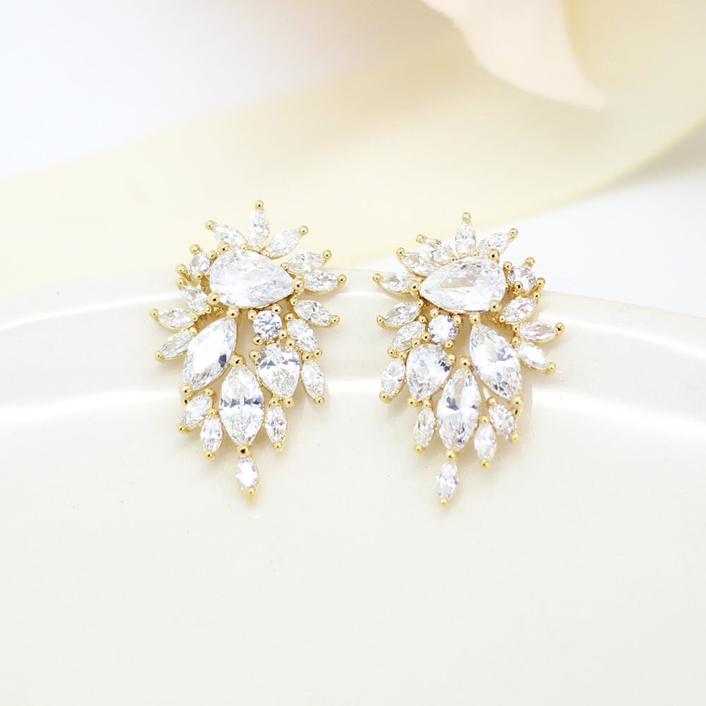 Bridal Stud Earrings Gold Rose Gold Silver Cluster Omega - Etsy