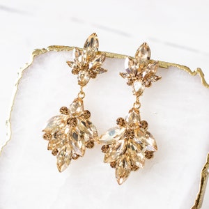 Gold Chandelier earrings, Champagne Statement Earrings, Bridal Chandelier Crystal earrings, Swarovski Champagne Crystal earrings