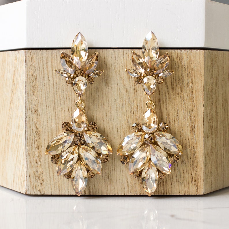 Gold Chandelier Earrings Champagne Statement Earrings Bridal Etsy