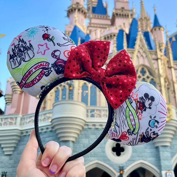 Classic Dooney Sketch Print Ears Headband with Sequin Bow | Mickey and Minnie Disney Mouse Ears