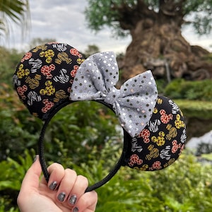 Serre-tête inspiré du règne animal et imprimé Safari avec nœud à sequins | Oreilles de Mickey et Minnie Disney | Oreilles imprimées zèbre girafe guépard tigre