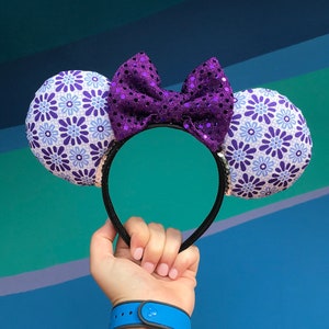 Wildflower Purple and White Epcot Flower and Garden Festival Ears Headband with Sequin Bow | Mickey and Minnie Disney Mouse Ears