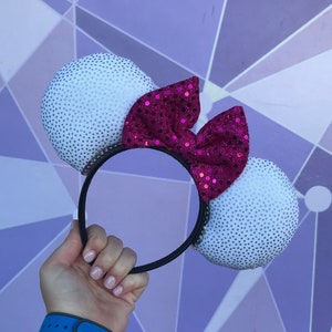 Silver and White Polka Dot Celebration Ears Headband with Sequin Bow | Mickey and Minnie Disney Mouse Ears