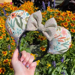 Rifle Paper Co Cream Floral Garden Ears Headband with Sequin Bow | Mickey and Minnie Disney Mouse Ears Epcot Flower and Garden Festival