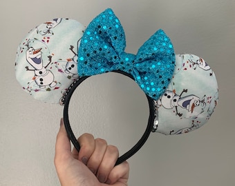 Olaf's Frozen Adventure Ears Headband with Sequin Bow | Mickey and Minnie Disney Mouse Ears Frozen Olaf Inspired