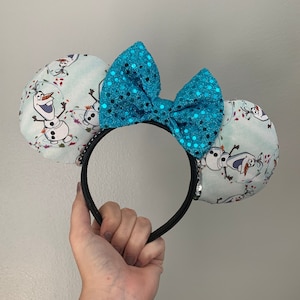 Olaf&#39;s Frozen Adventure Ears Headband with Sequin Bow | Mickey and Minnie Disney Mouse Ears Frozen Olaf Inspired
