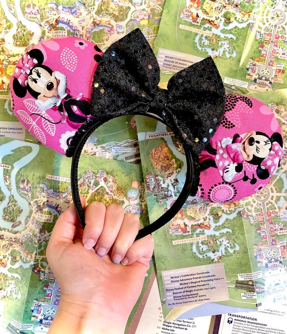 Black and Pink Floral Inspired Minnie Ears Headband With  display picture 1