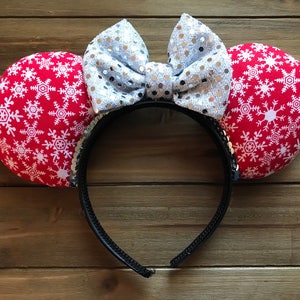 Winter Wonderland Ears Headband with Sequin Bow | Mickey and Minnie Disney Christmas Holiday Festive Mouse Ears