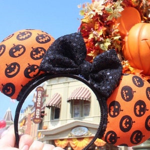 Tiara de orelhas laranja e preta de abóbora Halloween com laço de lantejoulas | Mickey e Minnie Disney Halloween Mouse Orelhas Festa Não Tão Assustadora do Mickey