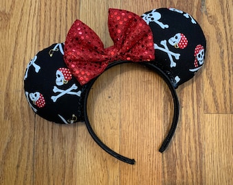 Serre-tête oreilles de pirate Yo Ho avec nœud à sequins | Oreilles de Mickey et Minnie Disney Mouse inspirées de Pirates des Caraïbes
