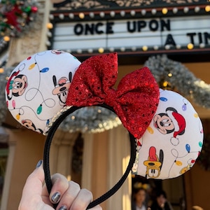 Mickey and Friends Christmas Lights Ears Headband with Sequin Bow | Christmas Holiday Disney Mouse Ears