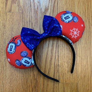 Nautical Disney Cruise Line Ears Headband with Sequin Bow | Mickey and Minnie Disney Mouse Ears Cruise Line Inspired