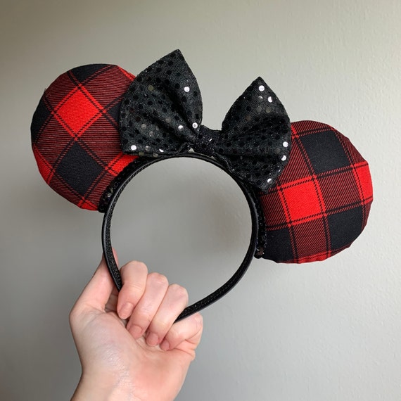 Cozy Christmas Red and Black Plaid Ears Headband With Sequin  display picture 1