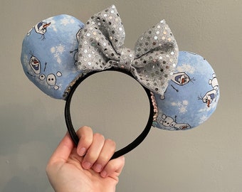 Olaf Frozen Character Ears Headband with Sequin Bow | Mickey and Minnie Disney Mouse Ears Frozen Inspired