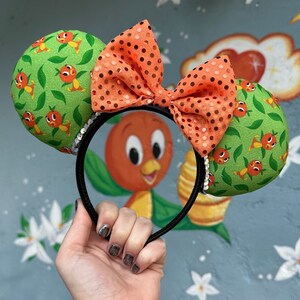 Florida Orange Bird Inspired Ears Headband with Sequin Bow | Mickey and Minnie Disney Ears | Green and Orange Adventureland Orange Bird Ears