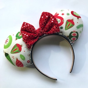 Deck the Halls Christmas Ears Headband with Sequin Bow | Mickey and Minnie Disney Christmas Holiday Festive Red and Green Mouse Ears
