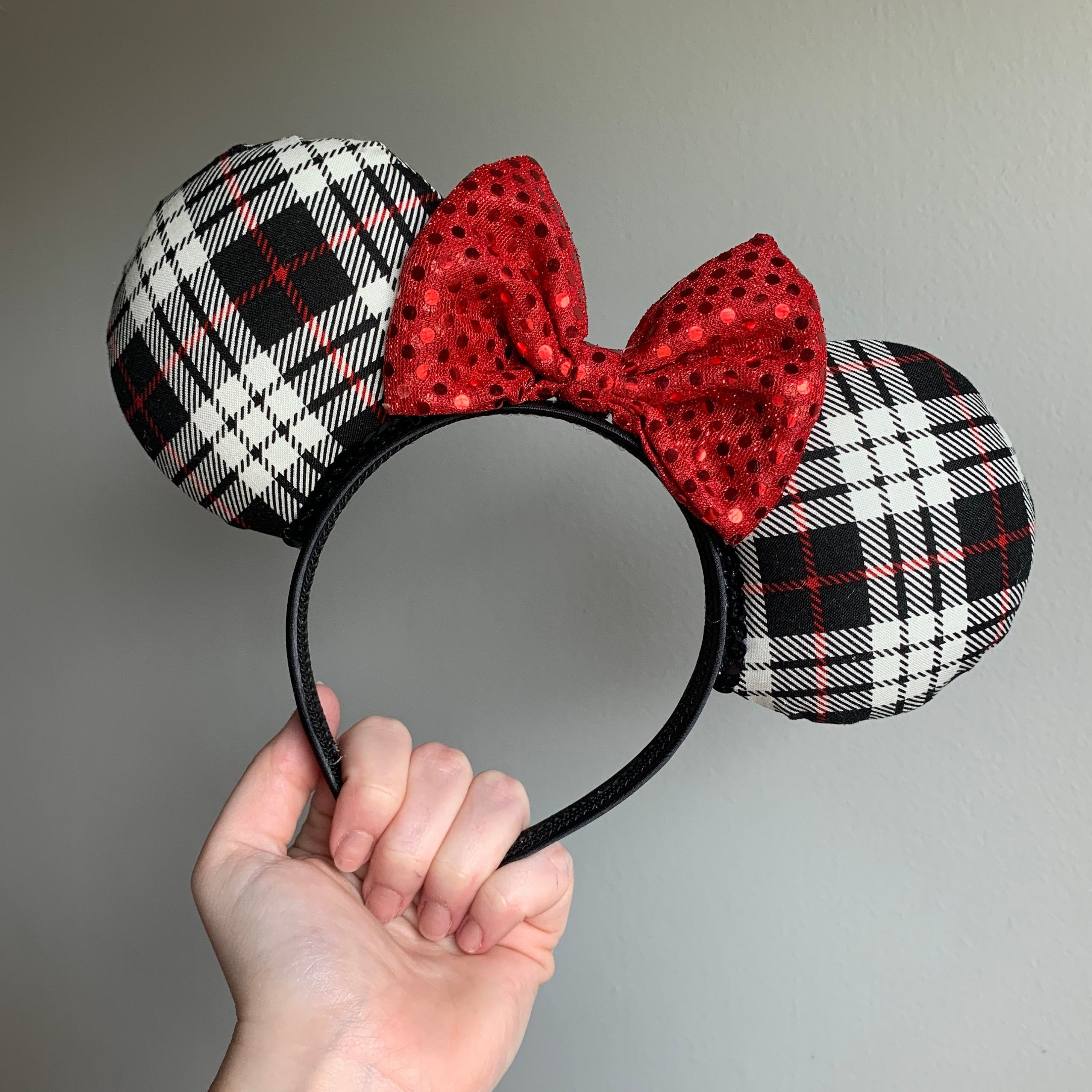Holiday Black White and Red Plaid Ears Headband With Sequin  display picture 2