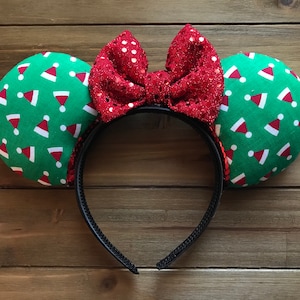 Santa Hat Christmas Ears Headband with Sequin Bow | Mickey and Minnie Disney Christmas Holiday Festive Red and Green Mouse Ears