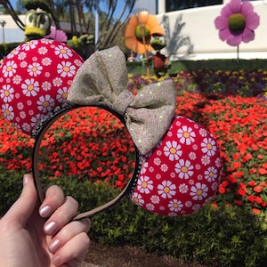 Pink and Yellow Floral Disney Epcot Flower and Garden Festival Inspired Ears Headband with Sequin Bow | Mickey and Minnie Disney Mouse Ears