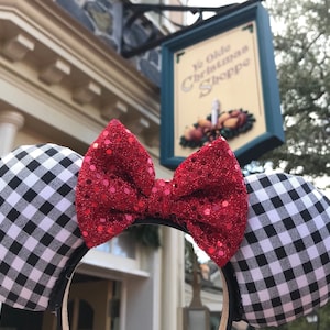 Pretty in Plaid Ears Headband with Sequin Bow | Mickey and Minnie Disney Mouse Ears
