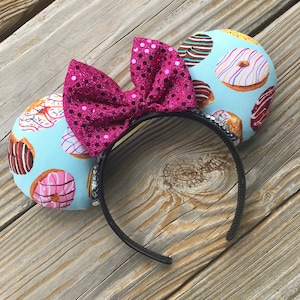 Cute Disney Donut Ears Headband with Sequin Bow | Mickey and Minnie Disney Mouse Ears
