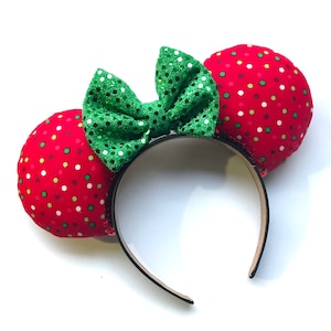 Christmas Confetti Ears Headband with Sequin Bow | Mickey and Minnie Disney Mouse Ears Red White Green Polka Dot Holiday Festive Inspired