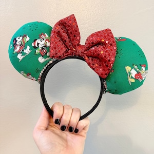 Red and Green Fab Five Christmas Ears Headband with Sequin Bow | Christmas Holiday Disney Mouse Ears