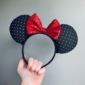 Classic Black and White Polka Dot Minnie Ears Headband with Sequin Bow | Mickey and Minnie Disney Mouse Ears