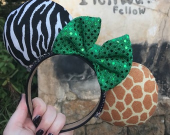 Safari Ohren Stirnband mit Pailletten Schleife | Micky und Minnie Disney Maus Ohren | Disney World Animal Kingdom inspiriert Ohren Zebra Giraffe Druck