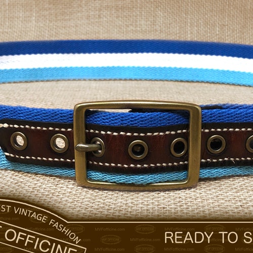 Leather canvas belt, customizable, brass buckle shops with patina, color blue, navy, handmade, stamped leather, size 90 cm/35.5 inches, No. MVF586