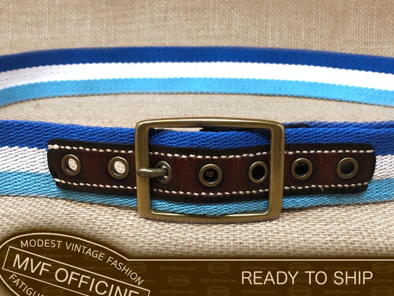 Leather canvas belt, customizable, brass buckle shops with patina, color blue, navy, handmade, stamped leather, size 90 cm/35.5 inches, No. MVF586