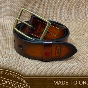 Leather belt, brass buckle, patina, color brown, inspired by swiss army belts, stamped leather, disterssed leather, customizable, No. MVF410
