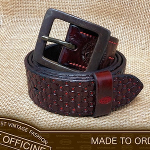 Leather belt, brass buckle, patina, color mahogany, brown, red dots, stamped leather, disterssed leather, customizable, No. MVF237