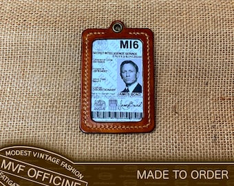 Leather ID card holder, color: tan, personalizable, customizable, brass fittings, business badge holder No. MVF164