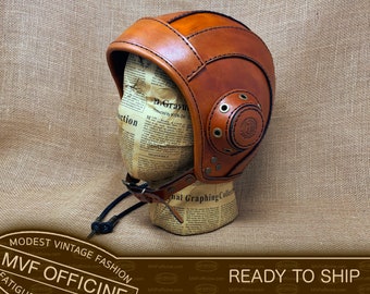 Casquette d’aviateur en cuir, quincaillerie en laiton, patine, bronzage couleur, casquette d’aviateur steampunk, Non. MVF413