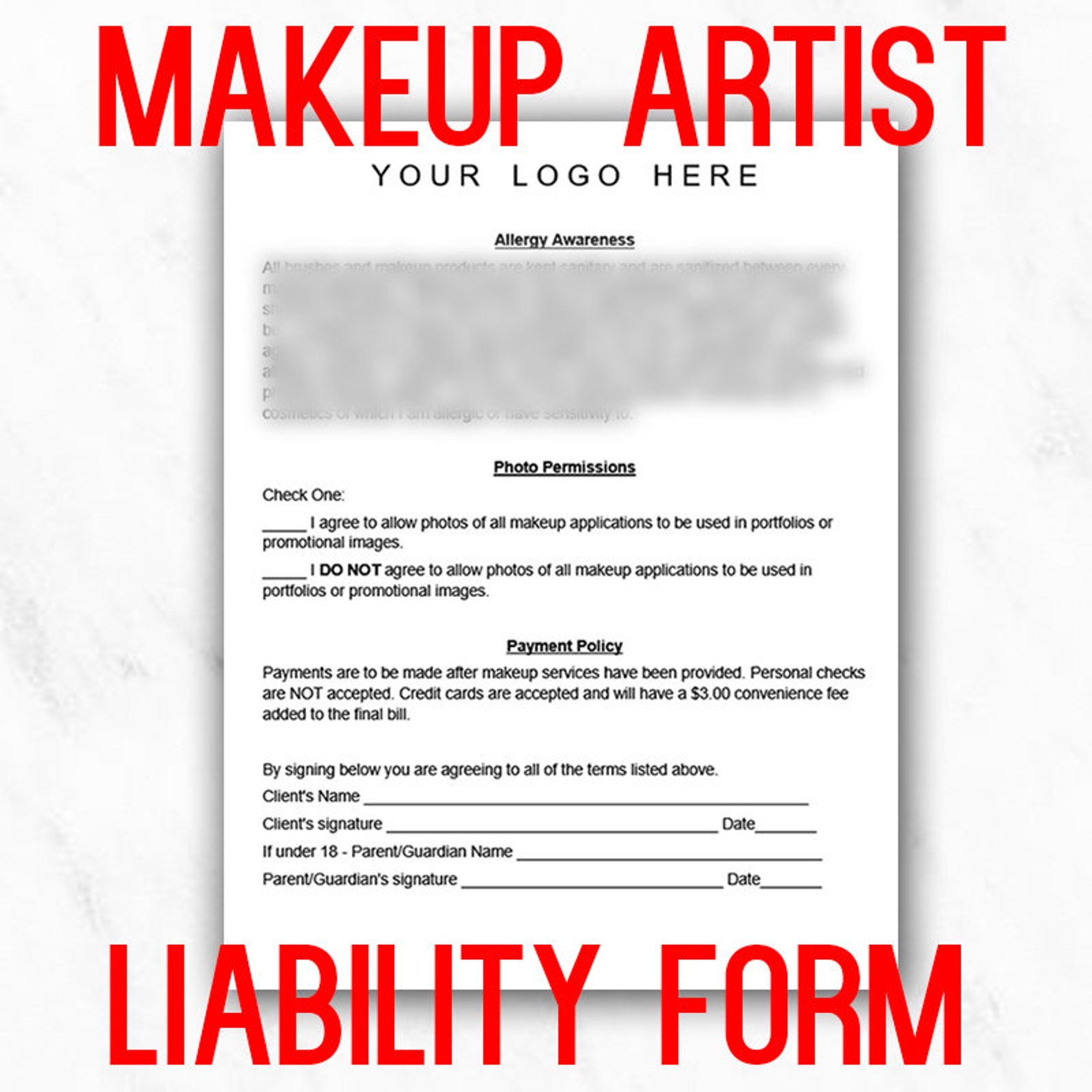 Professional Makeup Artist Liability Waiver Form INSTANT DOWNLOAD Etsy Australia