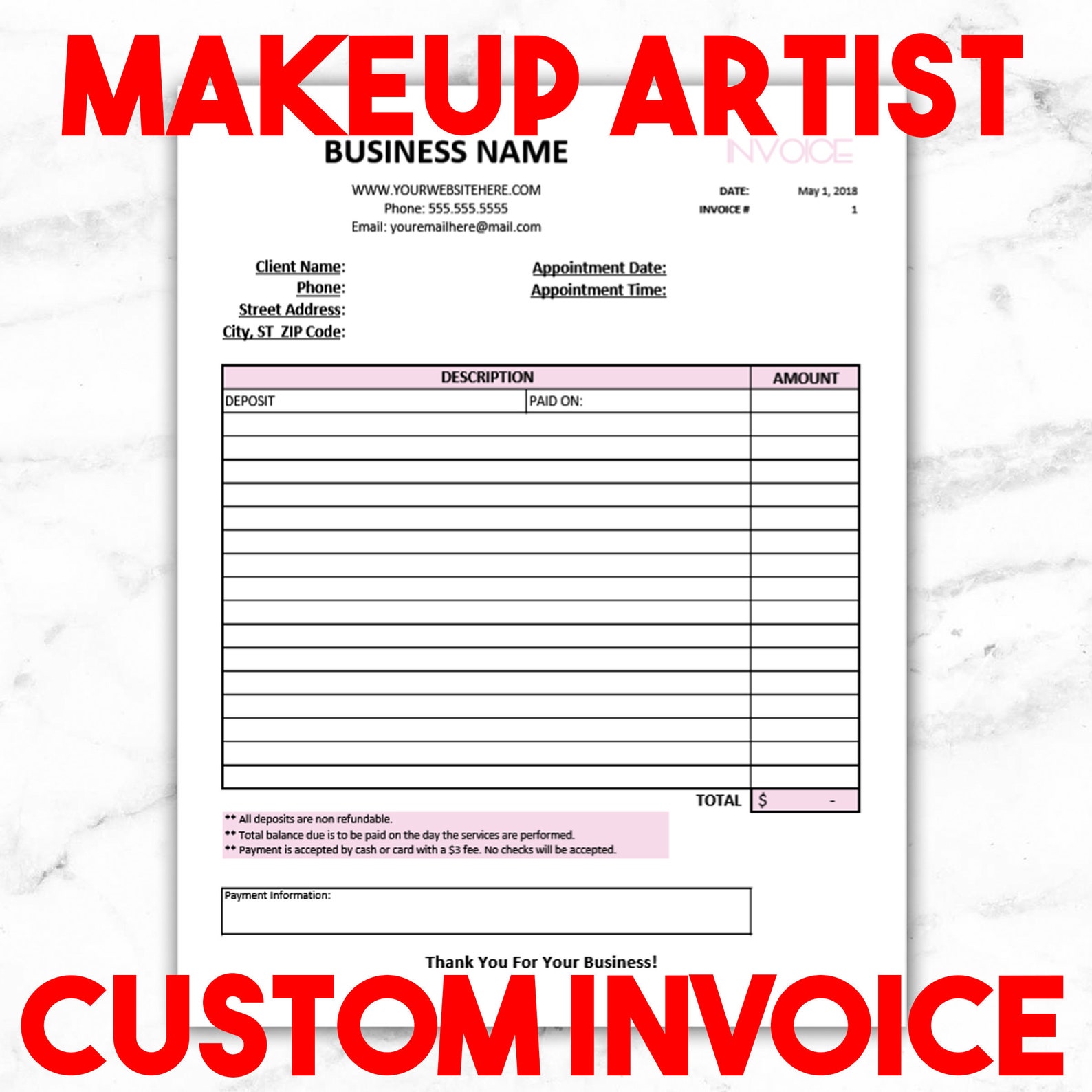 Makeup Artist Client Invoice / Receipt Freelance MUA Form Etsy Denmark