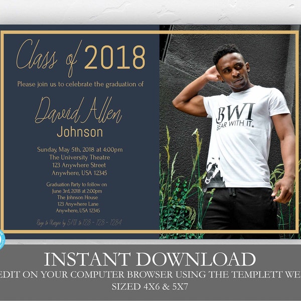 Navy Blue and Gold Graduation Invitation Template, Graduation, Instant Download, Rustic Editable, Class of, Senior, High school, College,DIY