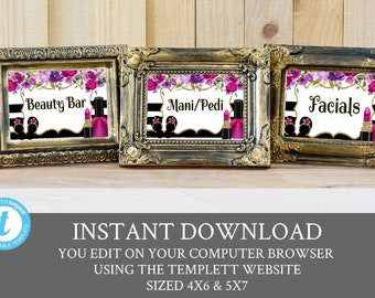 May include: Three printable signs with gold frames and black and white stripes. The signs have floral designs and lipstick images. The signs read "Beauty Bar", "Mani/Pedi", and "Facials".
